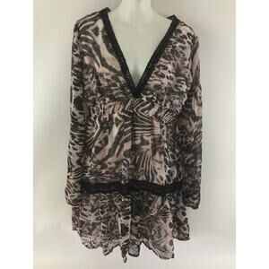 NEW Kendall‎ + Kylie XL Deep V Neck Long Sleeve Short Dress Animal Print & Lace